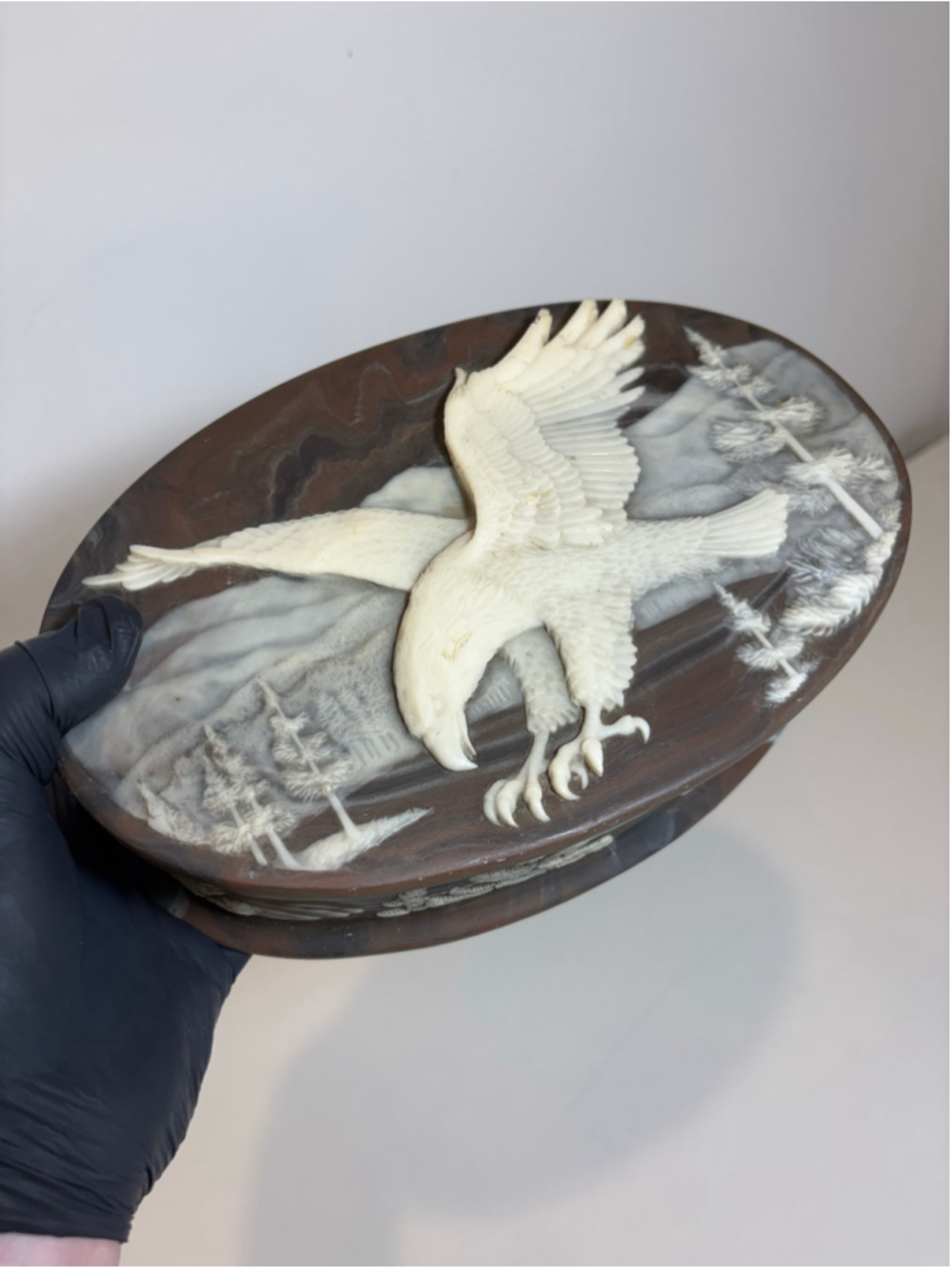 Vintage Genuine Incolay Stone Eagle Jewelry Box Oval Trinket Valet Case USA #GH